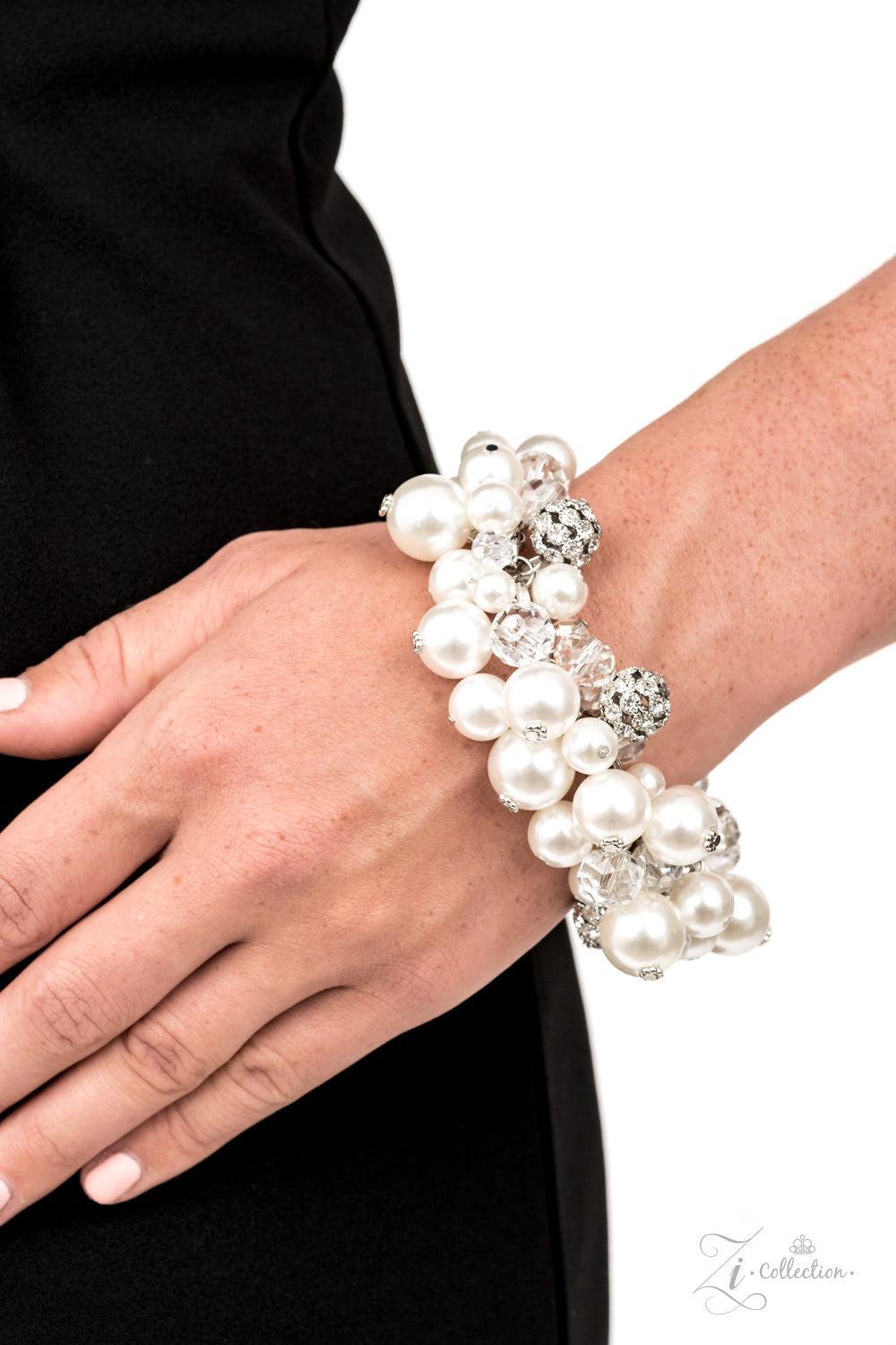 Couture Celebrator White Pearl & Rhinestone Zi Collection Bracelet - Paparazzi Accessories- on model - CarasShop.com - Paparazzi Jewelry by Cara Jewels