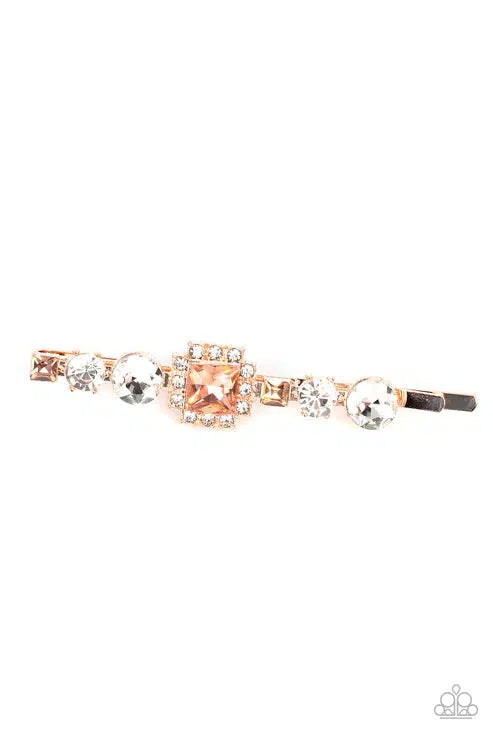 Couture Crasher Gold Rhinestone Hair Clip - Paparazzi Accessories- lightbox - CarasShop.com - Paparazzi Jewelry by Cara Jewels