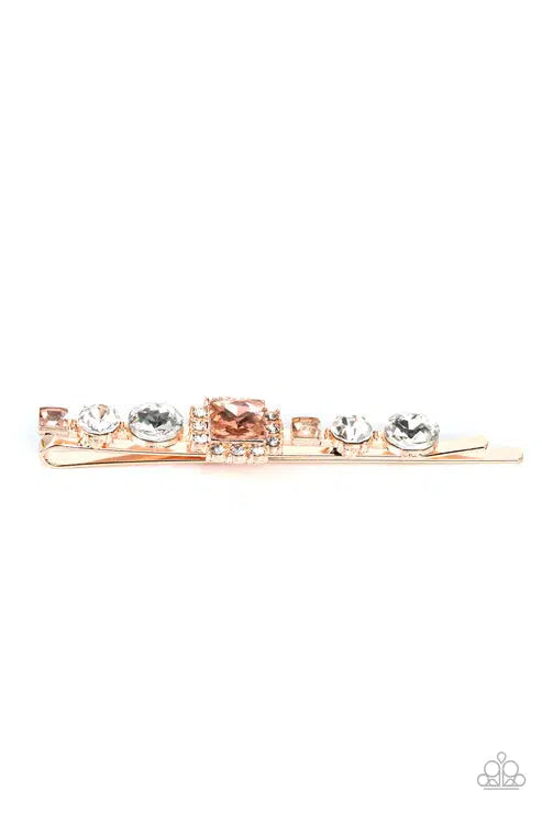Couture Crasher Gold Rhinestone Hair Clip - Paparazzi Accessories- on model - CarasShop.com - Paparazzi Jewelry by Cara Jewels
