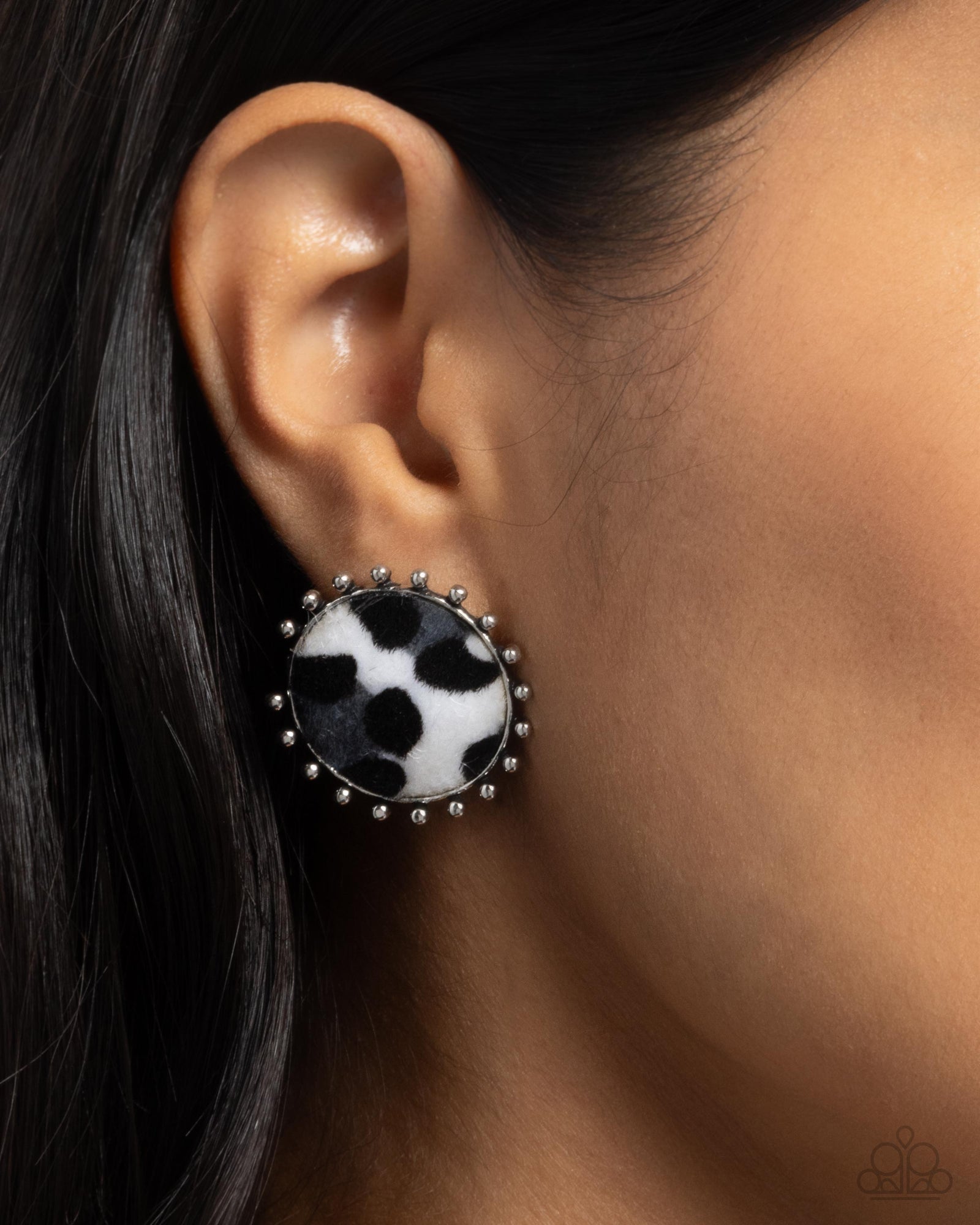 Cowhide Couture Black & White Post Earrings - Paparazzi Accessories- lightbox - CarasShop.com - Paparazzi Jewelry by Cara Jewels