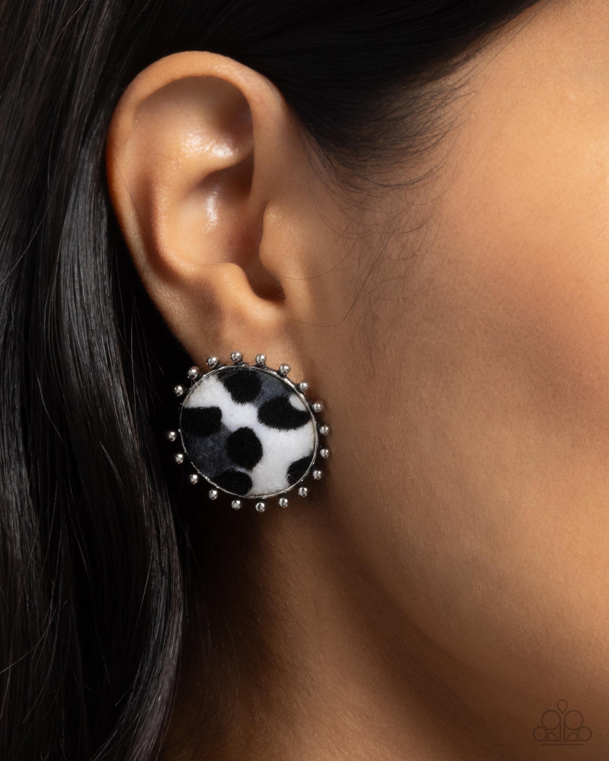 Cowhide Couture Black & White Post Earrings - Paparazzi Accessories- lightbox - CarasShop.com - Paparazzi Jewelry by Cara Jewels