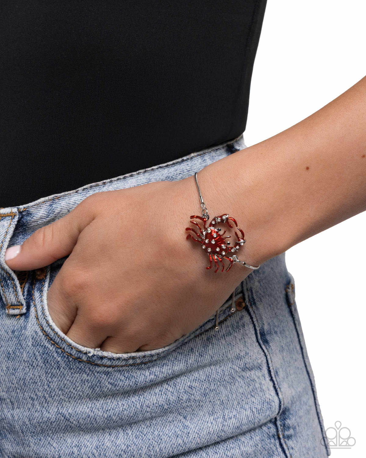 CRAB Walk Red & White Rhinestone Crab Bracelet - Paparazzi Accessories- on model - CarasShop.com - Paparazzi Jewelry by Cara Jewels