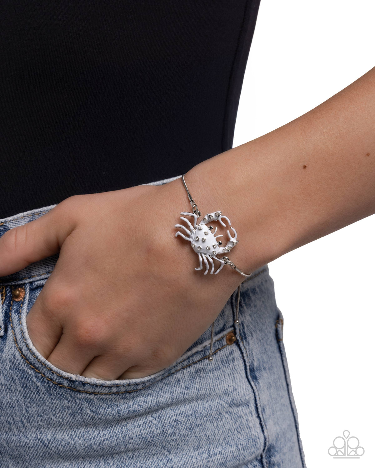 CRAB Walk White Rhinestone Bracelet - Paparazzi Accessories-on model - CarasShop.com - Paparazzi Jewelry by Cara Jewels