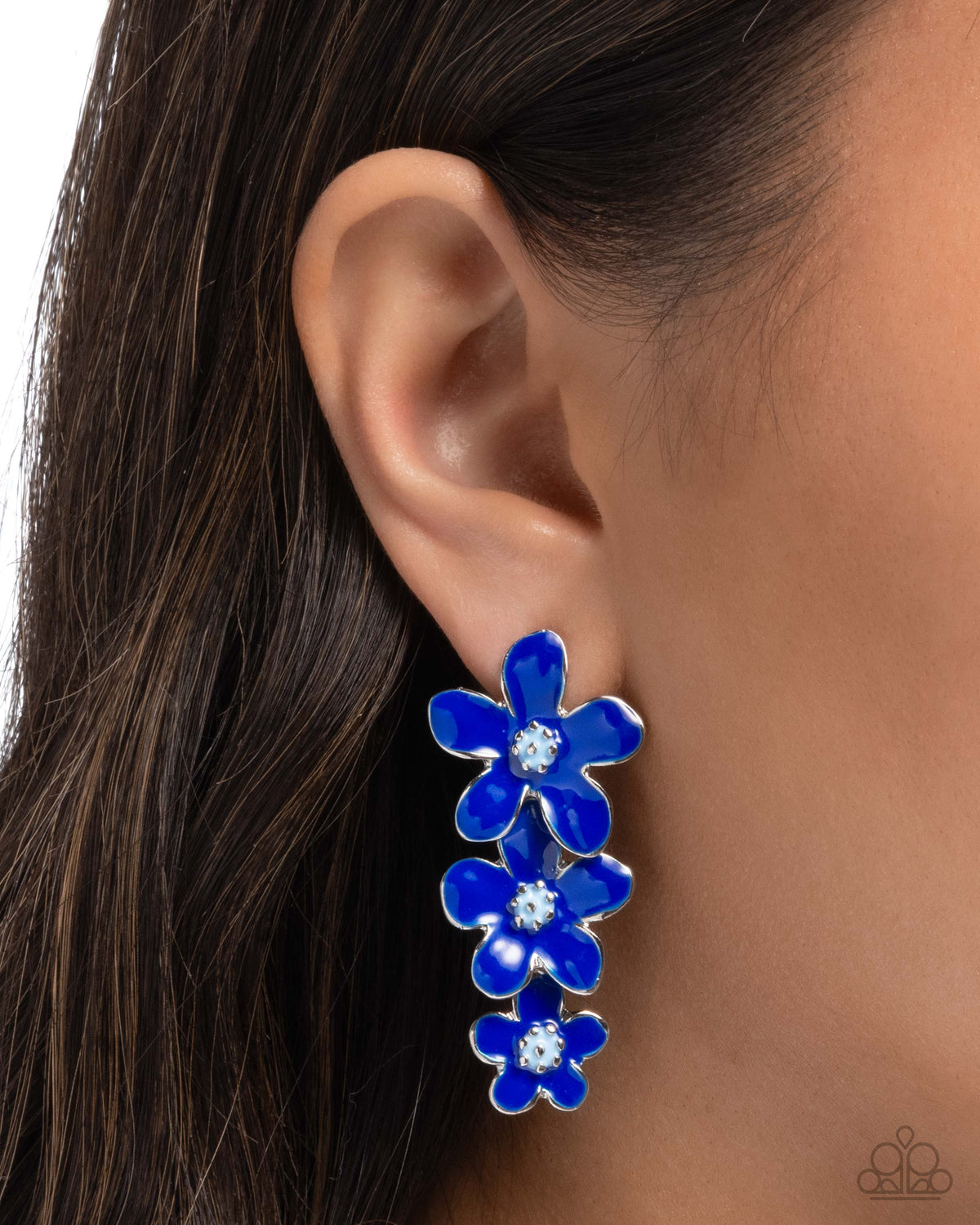Crack of BLOOM Blue Flower Earrings - Paparazzi Accessories-on model - CarasShop.com - Paparazzi Jewelry by Cara Jewels
