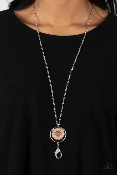 Cretian Crest Orange Necklace - Paparazzi Accessories-on model - CarasShop.com - Paparazzi Jewelry by Cara Jewels
