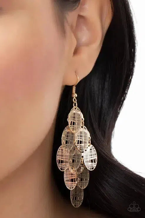 Cross It Off My List Gold Earrings - Paparazzi Accessories-on model - CarasShop.com - Paparazzi Jewelry by Cara Jewels
