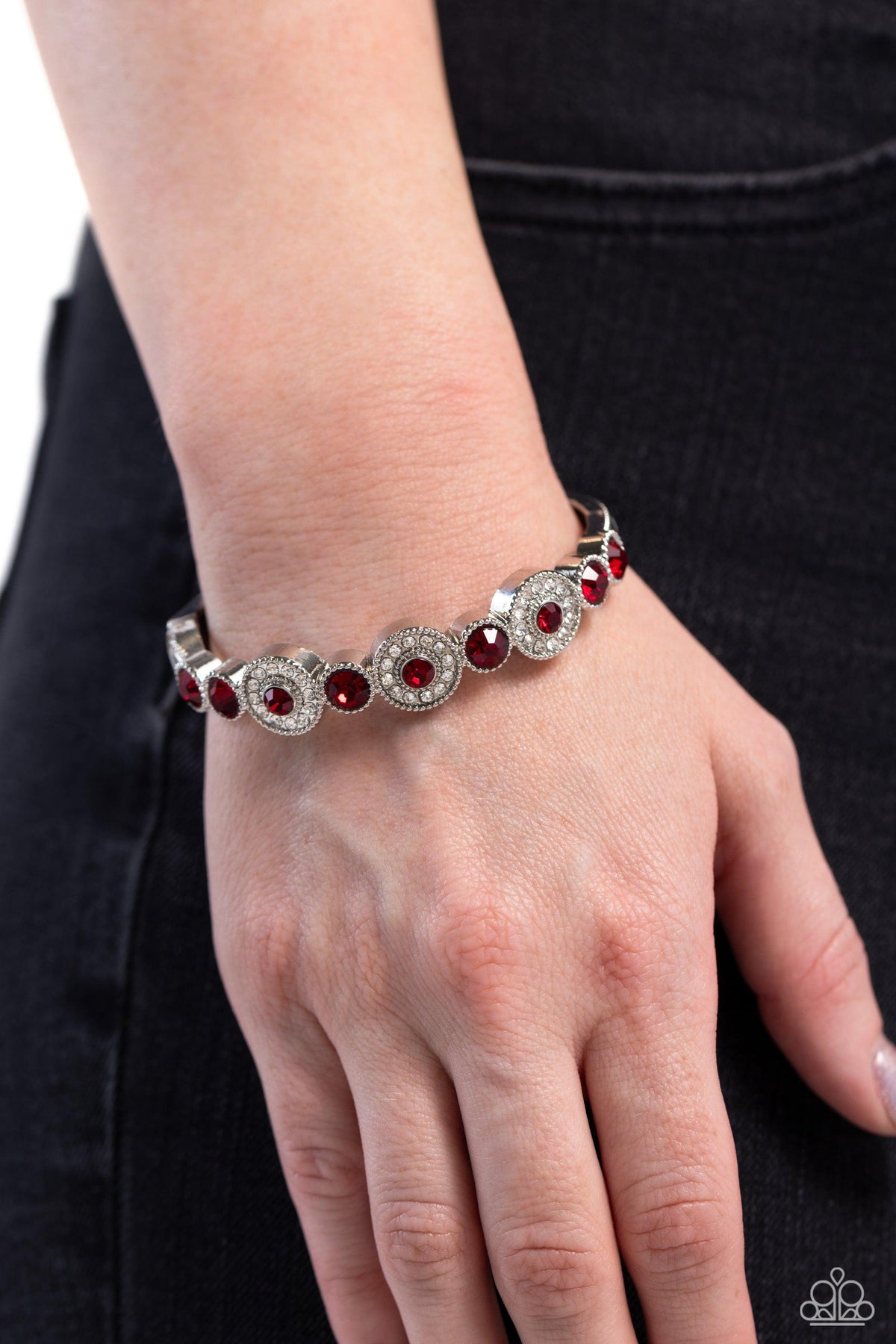 Crowns Only Club Red Rhinestone Bracelet - Paparazzi Accessories- on model - CarasShop.com - Paparazzi Jewelry by Cara Jewels