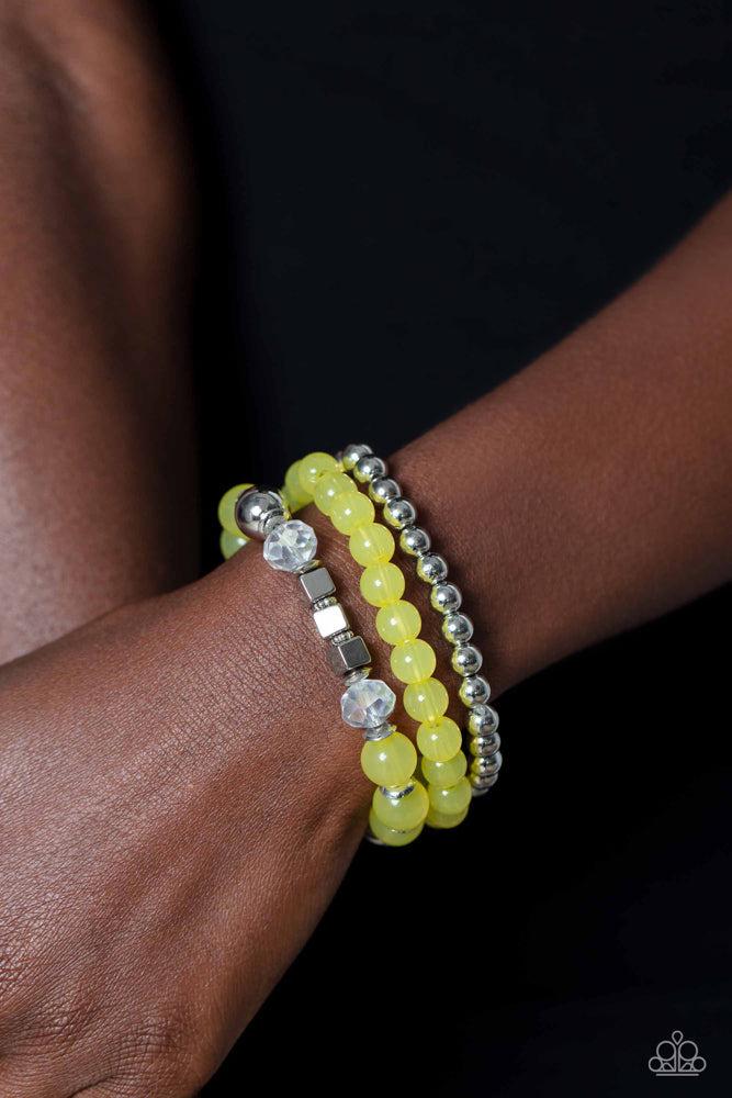 CUBE Your Enthusiasm Yellow Bracelet - Paparazzi Accessories- on model - CarasShop.com - Paparazzi Jewelry by Cara Jewels