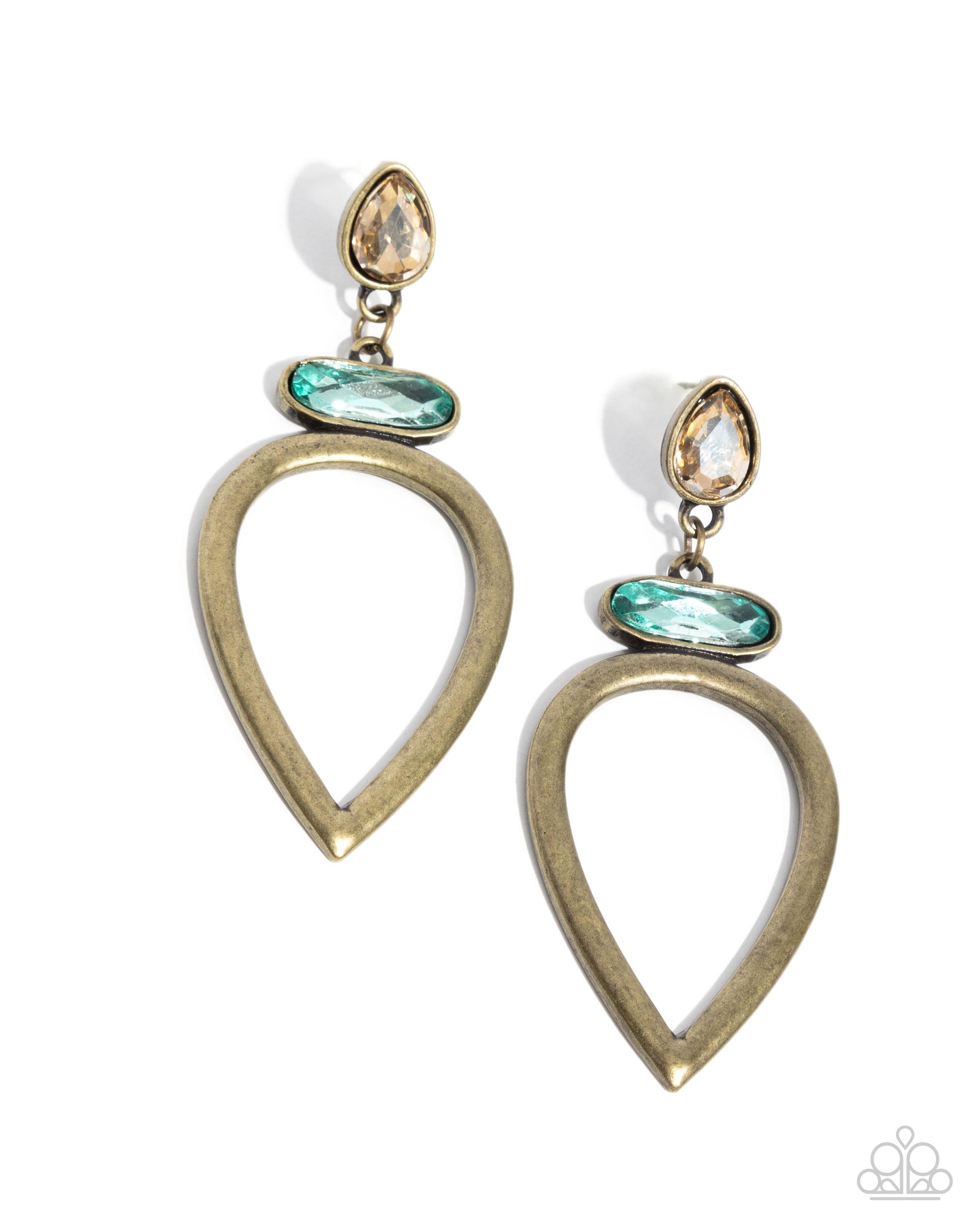 Cultured Chic Brass & Blue Gem Earrings - Paparazzi Accessories- lightbox - CarasShop.com - Paparazzi Jewelry by Cara Jewels