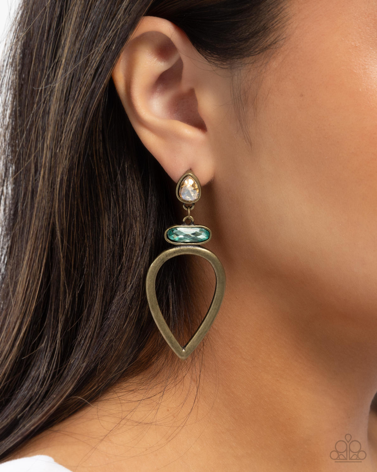 Cultured Chic Brass & Blue Gem Earrings - Paparazzi Accessories-on model - CarasShop.com - Paparazzi Jewelry by Cara Jewels