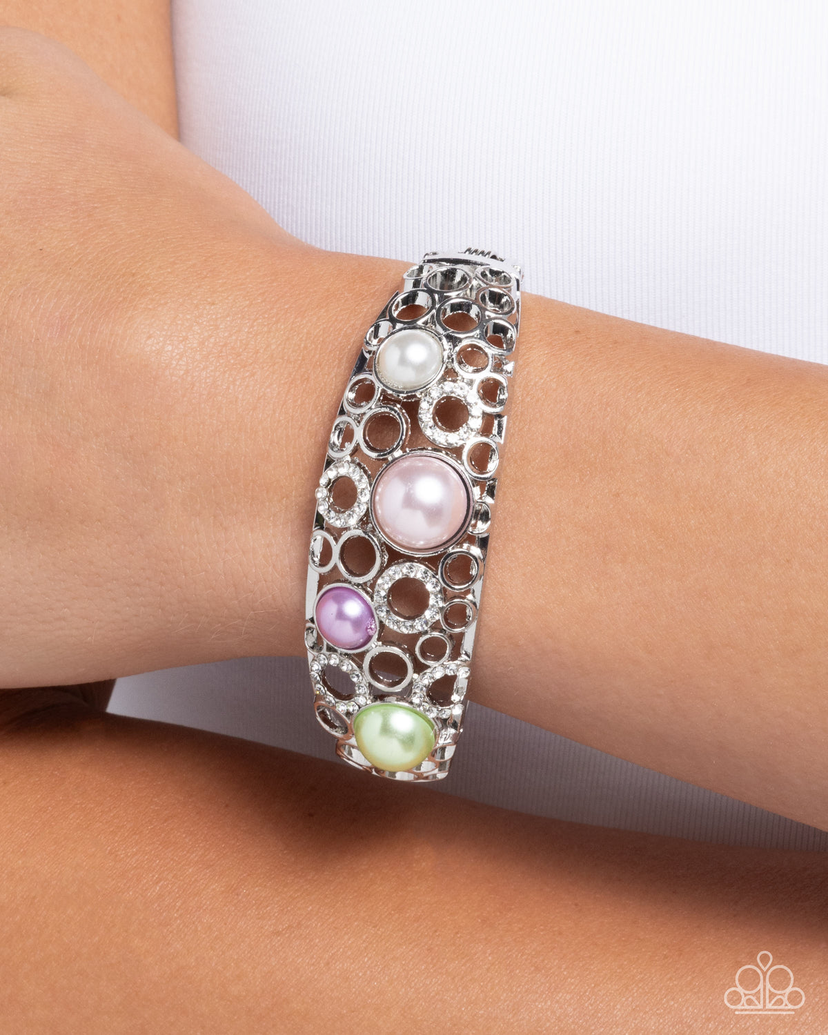 Cultured Confidence Multi Pearl & Rhinestone Bracelet - Paparazzi Accessories- on model - CarasShop.com - Paparazzi Jewelry by Cara Jewels