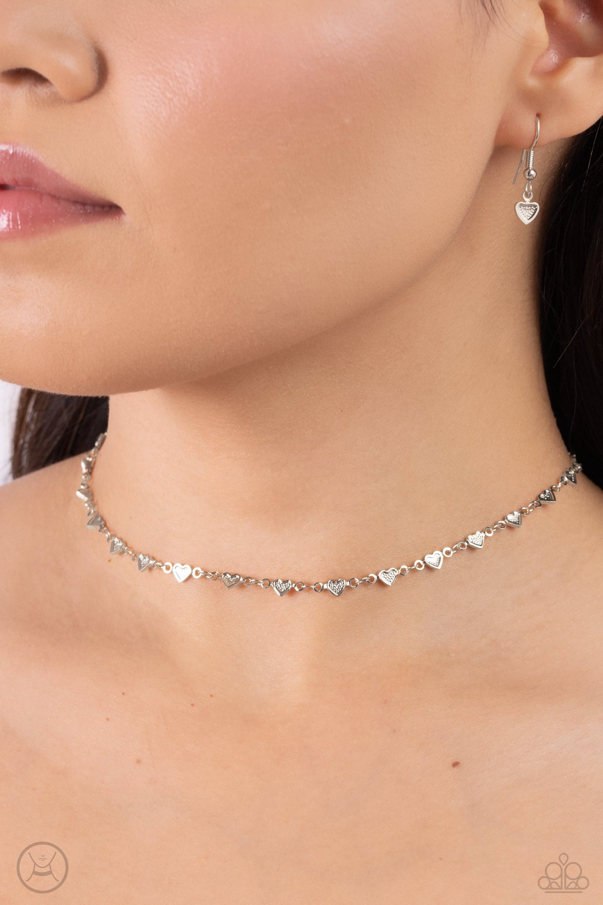 Cupid Catwalk Silver Heart Choker Necklace - Paparazzi Accessories- on model - CarasShop.com - Paparazzi Jewelry by Cara Jewels