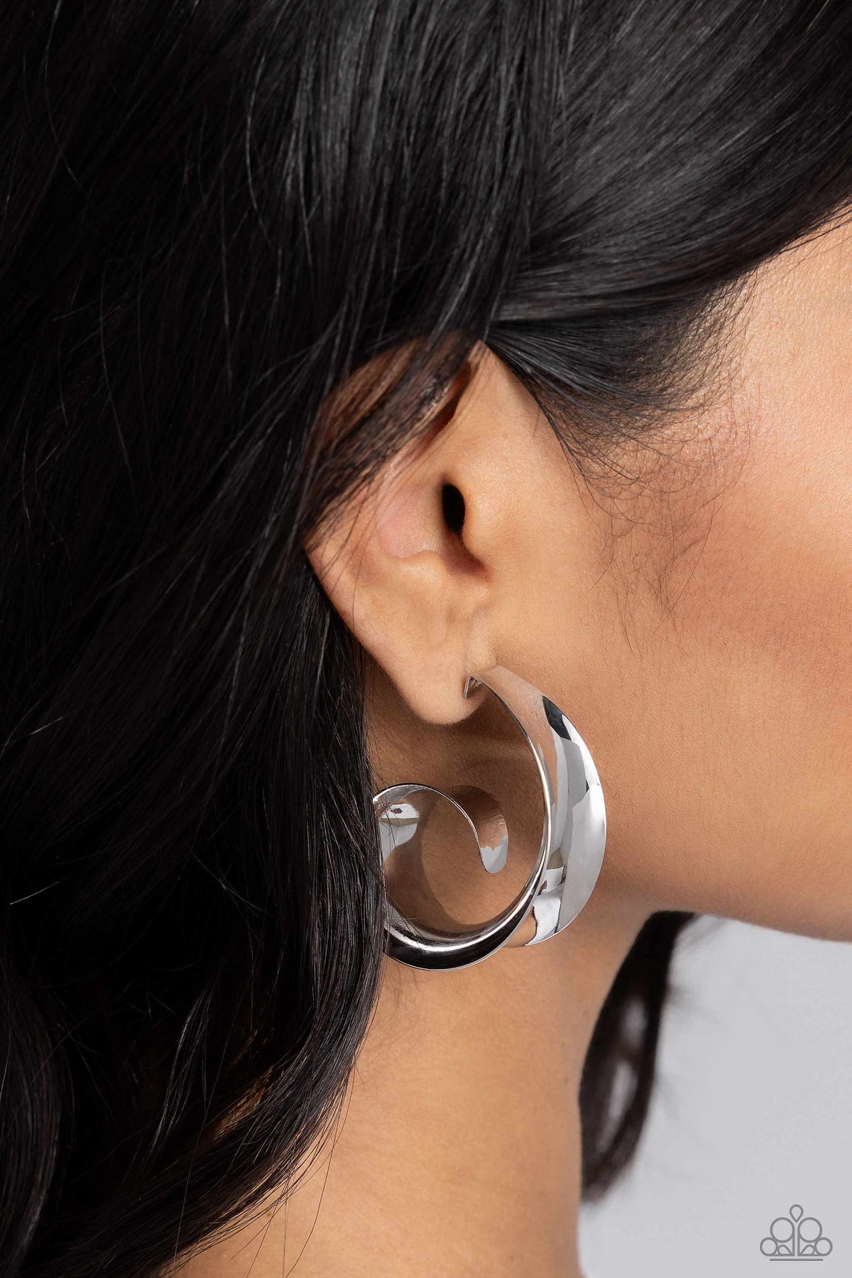 Curly Cadence Silver Earrings - Paparazzi Accessories-on model - CarasShop.com - Paparazzi Jewelry by Cara Jewels