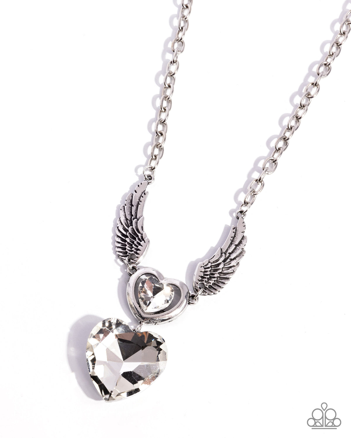 Customer Satisfaction White Rhinestone Heart & Angel Wing Necklace - Paparazzi Accessories- lightbox - CarasShop.com - Paparazzi Jewelry by Cara Jewels