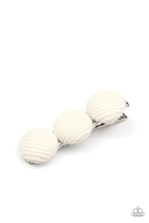 Cute as a Button White Hair Clip - Paparazzi Accessories- on model - CarasShop.com - Paparazzi Jewelry by Cara Jewels