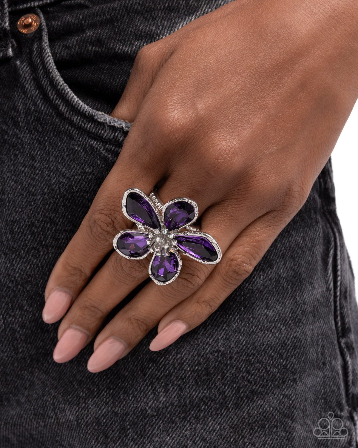 Daily Drama Purple Gem Floral Ring - Paparazzi Accessories-on model - CarasShop.com - Paparazzi Jewelry by Cara Jewels