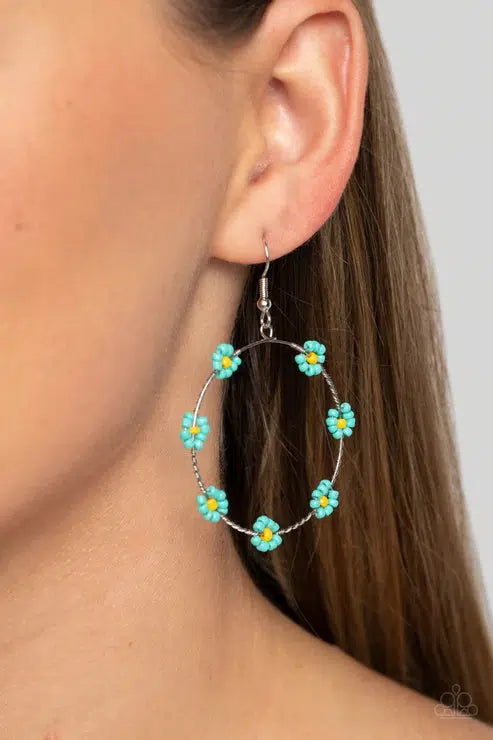 Dainty Daisies Blue Earrings - Paparazzi Accessories- on model - CarasShop.com - Paparazzi Jewelry by Cara Jewels