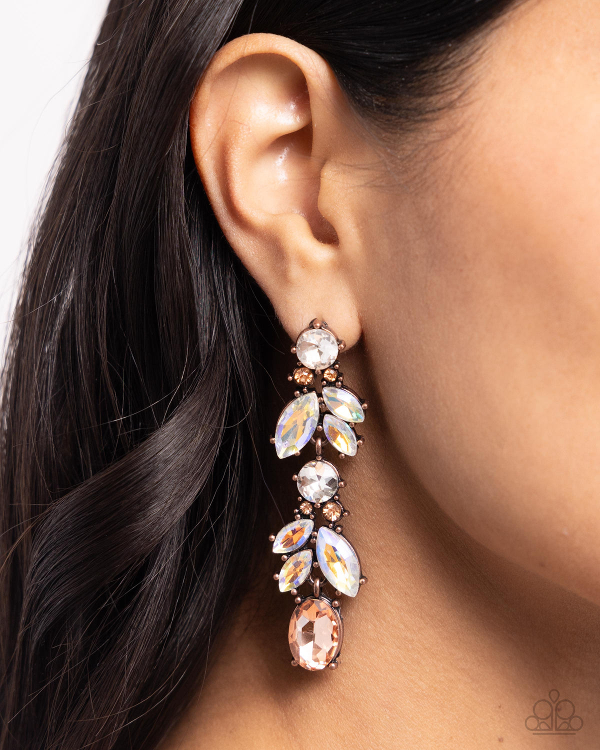 Dancing Debut Copper & White Gem Earrings - Paparazzi Accessories- on model - CarasShop.com - Paparazzi Jewelry by Cara Jewels