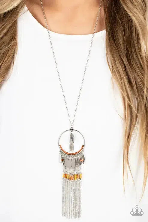 Dancing Dreamcatcher Orange Necklace - Paparazzi Accessories-on model - CarasShop.com - Paparazzi Jewelry by Cara Jewels