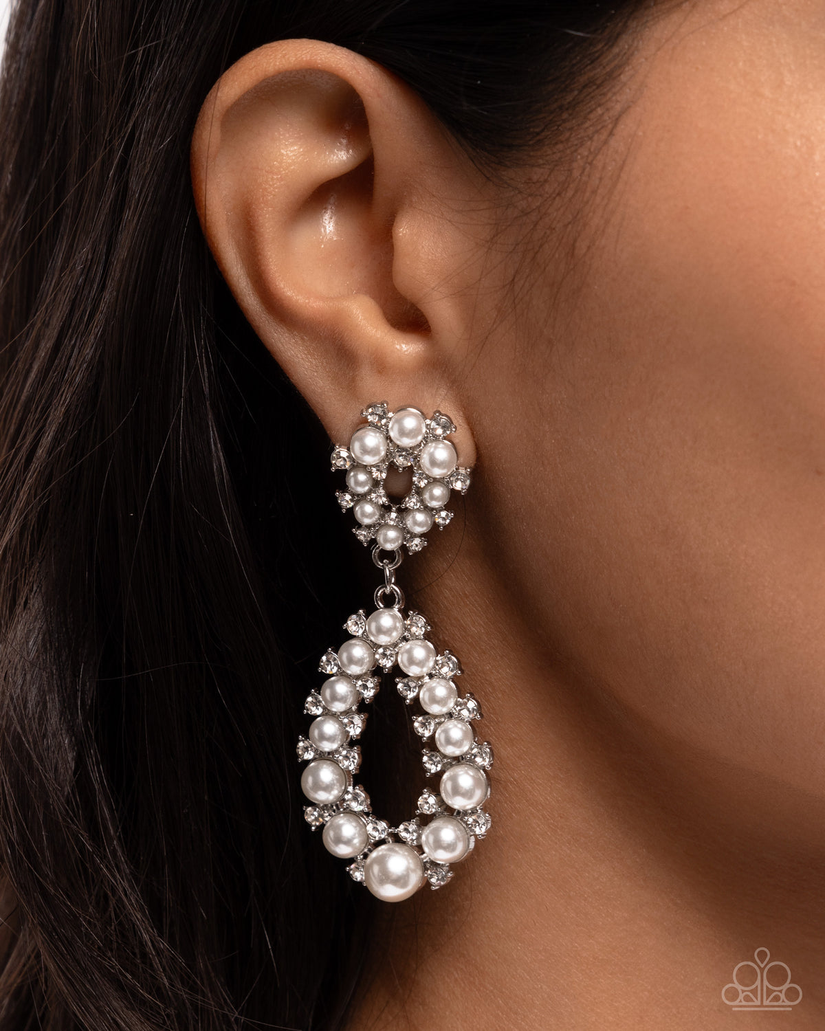 Dapper Debut White Pearl Earrings - Paparazzi Accessories- on model - CarasShop.com - Paparazzi Jewelry by Cara Jewels