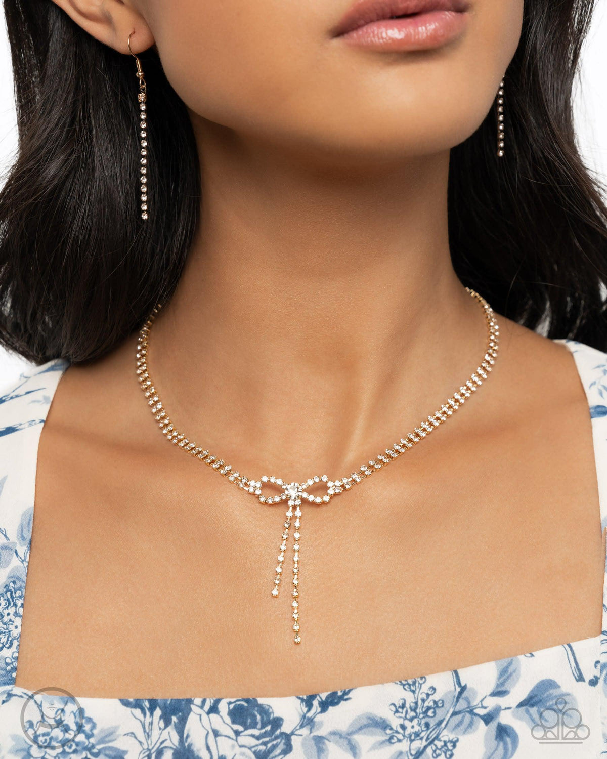 Dapper Delicacy Gold & White Rhinestone Necklace - Paparazzi Accessories- on model - CarasShop.com - Paparazzi Jewelry by Cara Jewels