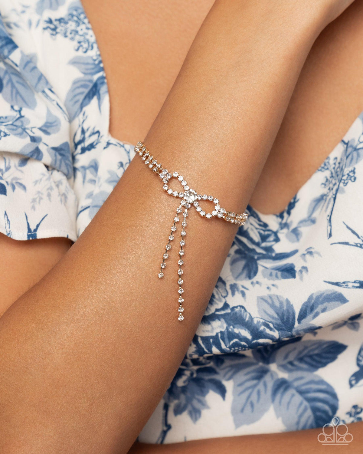 Dapper Delight Gold & White Rhinestone Bracelet - Paparazzi Accessories-on model - CarasShop.com - Paparazzi Jewelry by Cara Jewels