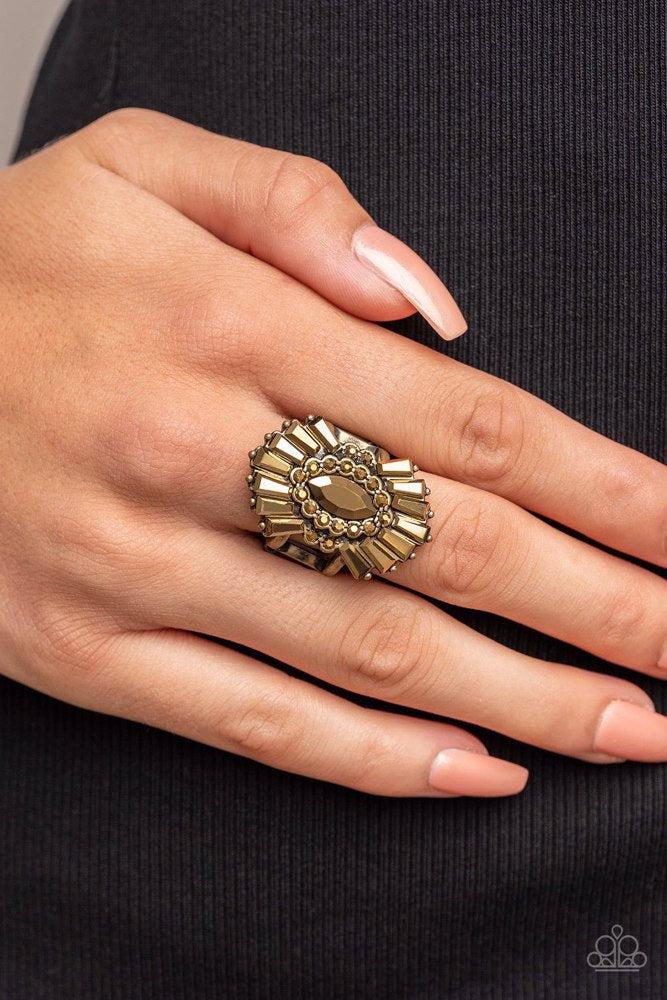 Daringly Deco Brass Ring - Paparazzi Accessories- on model - CarasShop.com - Paparazzi Jewelry by Cara Jewels