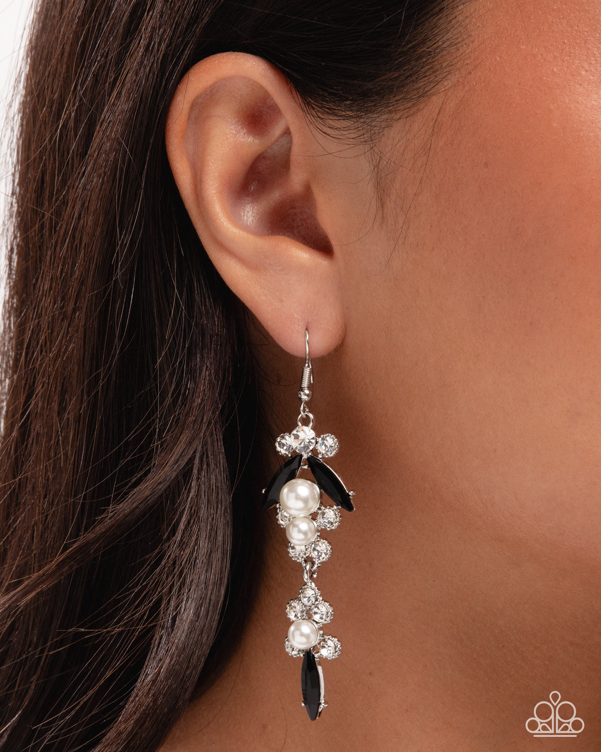 Darling Decadence Black Gem & White Rhinestone & Pearl Earrings - Paparazzi Accessories-on model - CarasShop.com - Paparazzi Jewelry by Cara Jewels