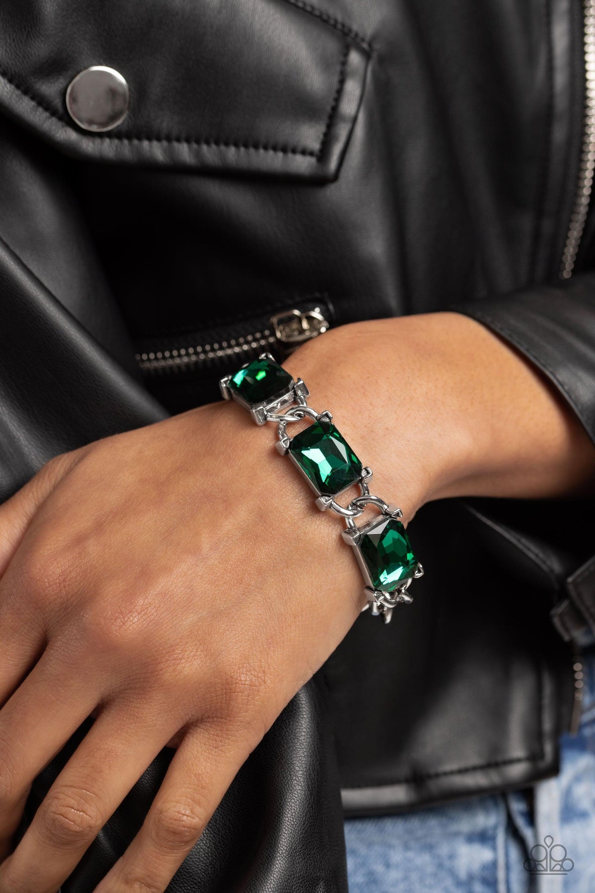 Dazzling Debut Green Rhinestone Bracelet - Paparazzi Accessories- on model - CarasShop.com - Paparazzi Jewelry by Cara Jewels