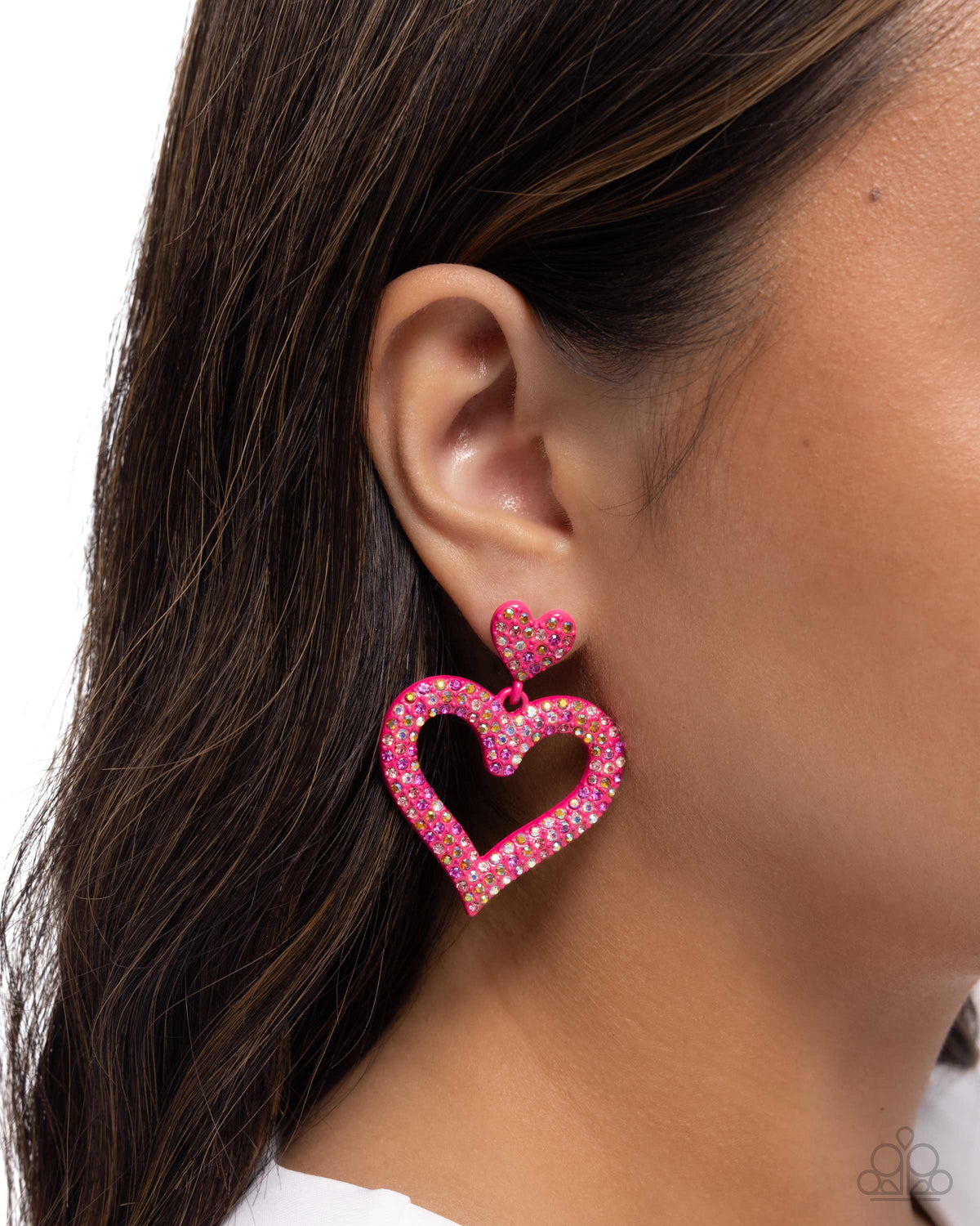 Dazzling Deed Pink Iridescent Rhinestone Heart Earrings - Paparazzi Accessories- on model - CarasShop.com - Paparazzi Jewelry by Cara Jewels
