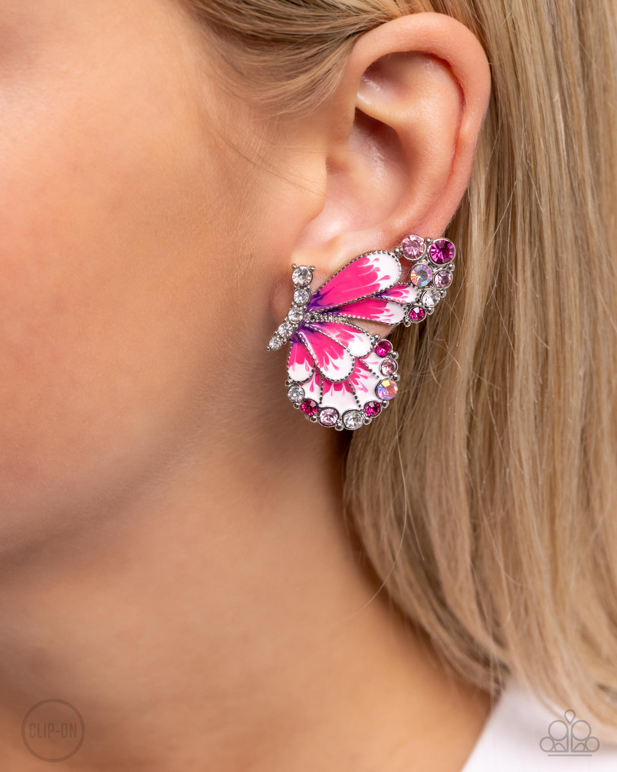 Decadent Descent Pink Butterfly Clip-on Earrings - Paparazzi Accessories- on model - CarasShop.com - Paparazzi Jewelry by Cara Jewels