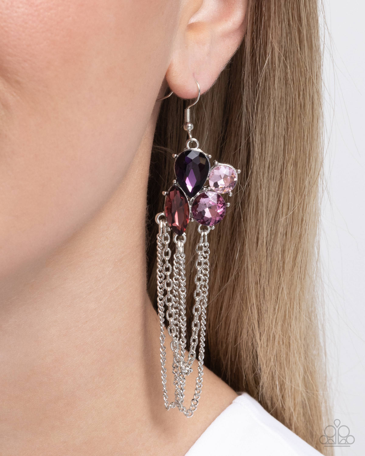 Decadent Distance Purple Rhinestone Earrings - Paparazzi Accessories- on model - CarasShop.com - Paparazzi Jewelry by Cara Jewels