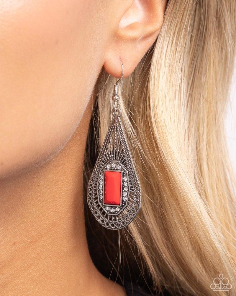 Deco Dreaming Red Earrings - Paparazzi Accessories- on model - CarasShop.com - Paparazzi Jewelry by Cara Jewels