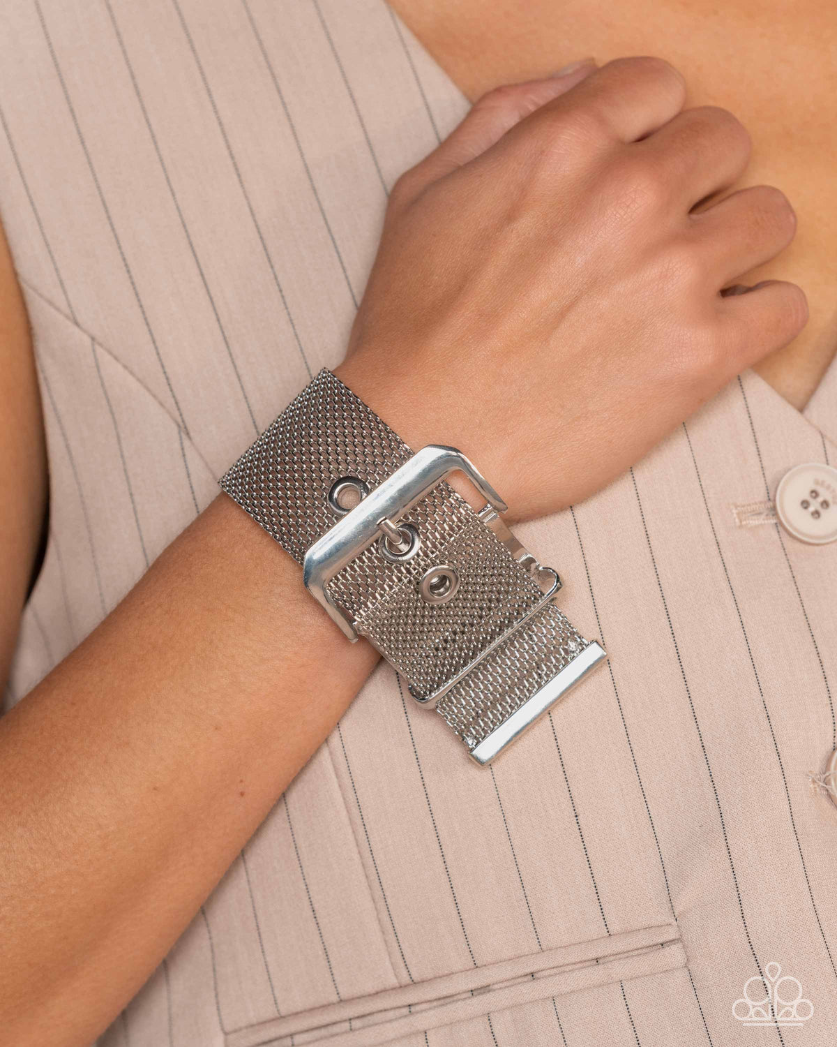 Defiant Display Silver Buckle Bracelet - Paparazzi Accessories- on model - CarasShop.com - Paparazzi Jewelry by Cara Jewels
