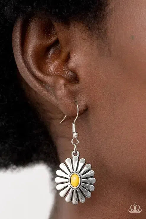 Delectably Daisy Yellow Earrings - Paparazzi Accessories-on model - CarasShop.com - Paparazzi Jewelry by Cara Jewels