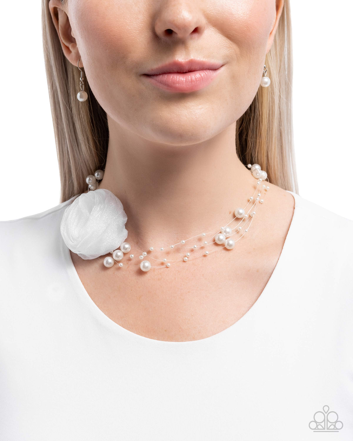 Delicate Debutante White Pearl & Rosette Choker Necklace - Paparazzi Accessories- on model - CarasShop.com - Paparazzi Jewelry by Cara Jewels