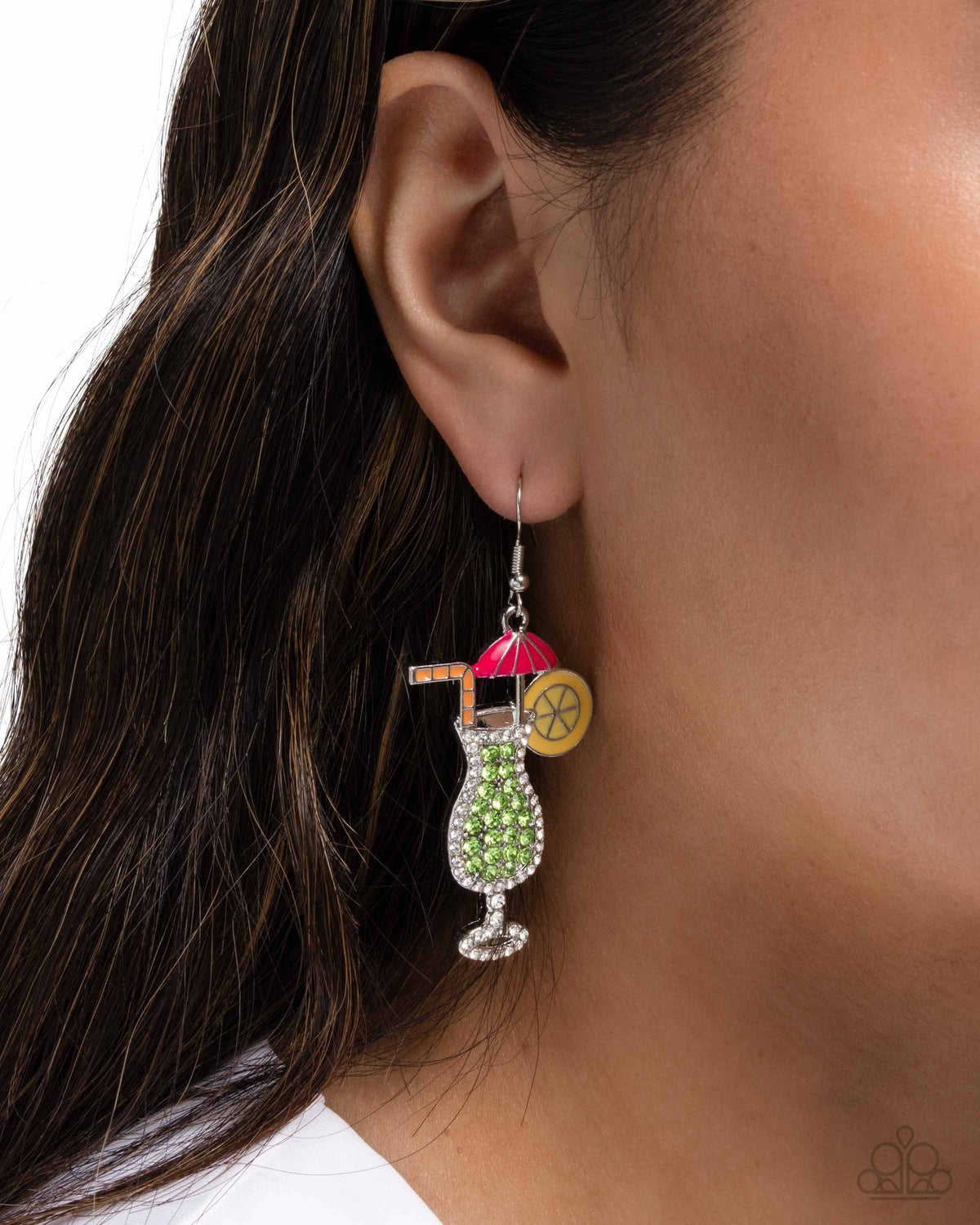 Delightful Daiquiri Green Rhinestone Cocktail Earrings - Paparazzi Accessories-on model - CarasShop.com - Paparazzi Jewelry by Cara Jewels
