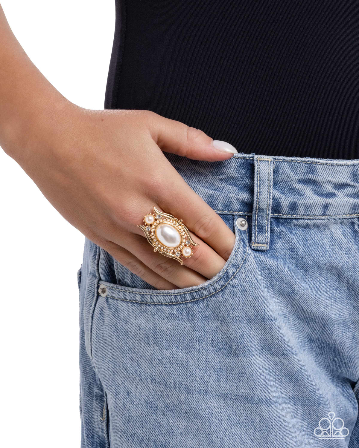 Delightful Debutante Gold & White Pearl Ring - Paparazzi Accessories-on model - CarasShop.com - Paparazzi Jewelry by Cara Jewels