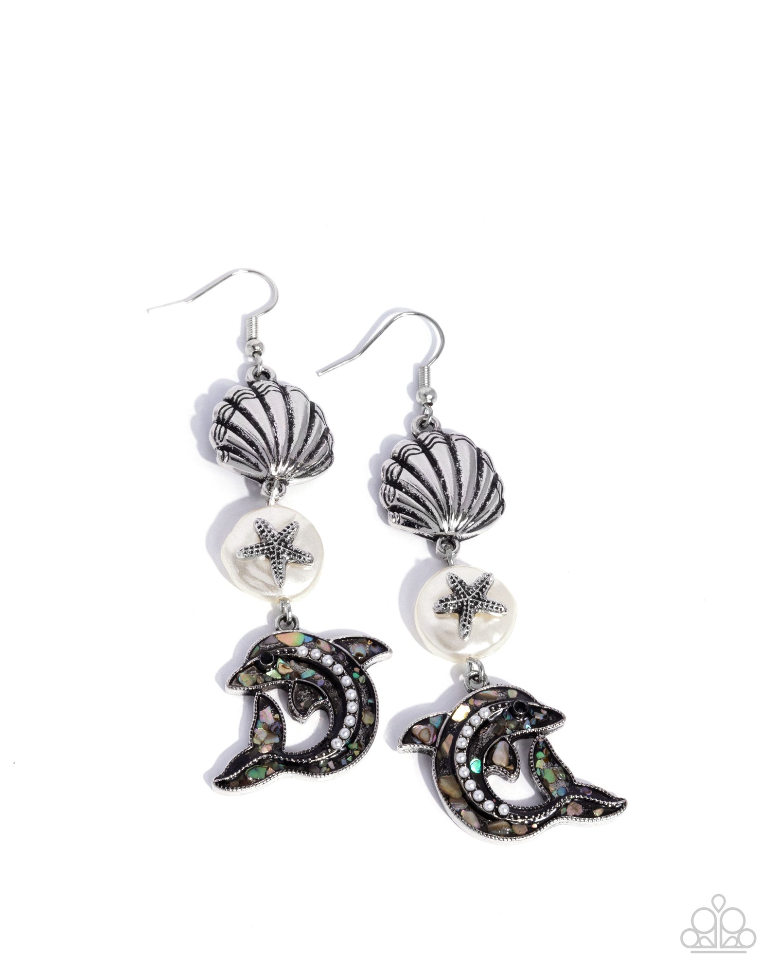 Delightful Dolphin White Rhinestone & Shell Earrings - Paparazzi Accessories- lightbox - CarasShop.com - Paparazzi Jewelry by Cara Jewels