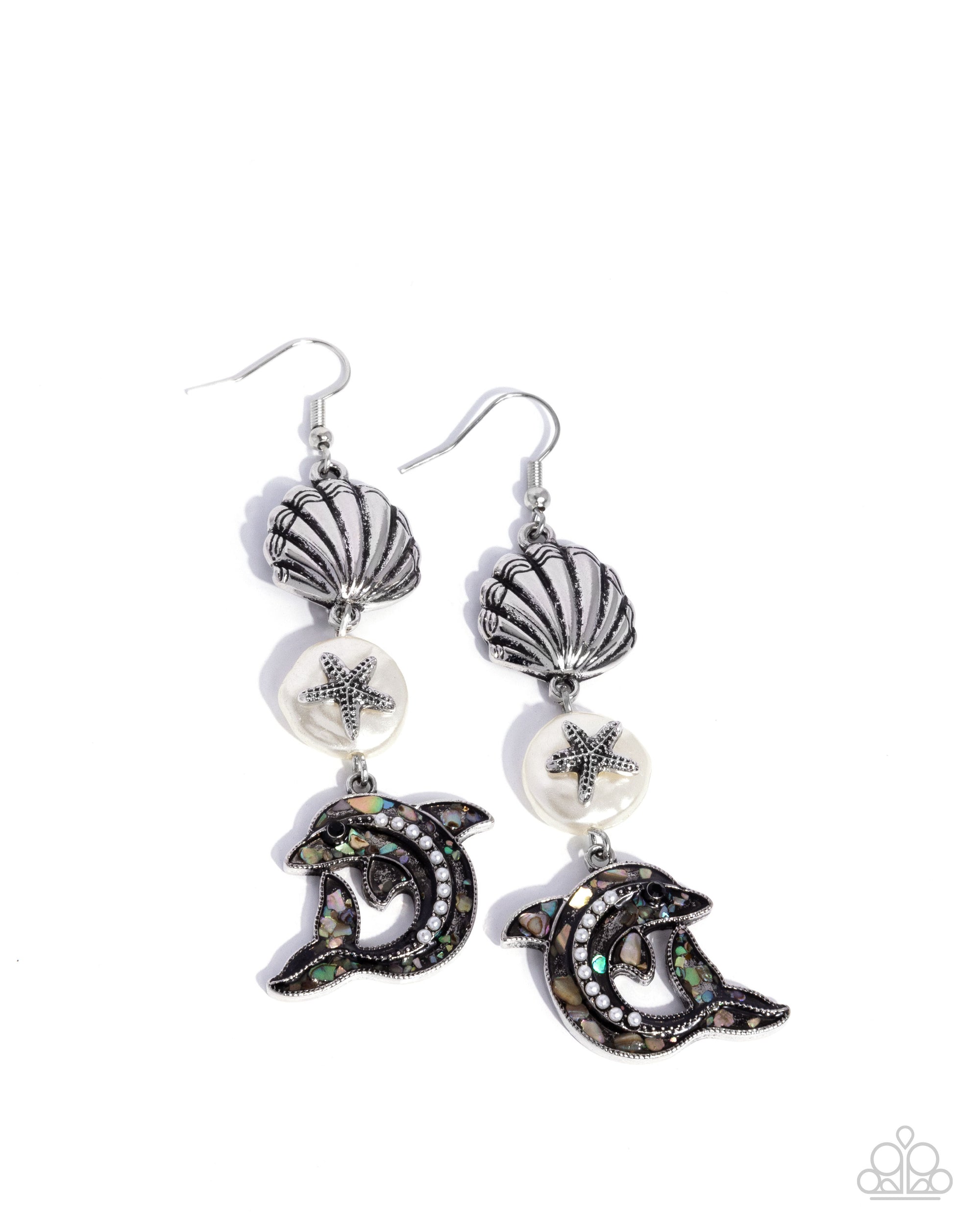 Delightful Dolphin White Rhinestone & Shell Earrings - Paparazzi Accessories- lightbox - CarasShop.com - Paparazzi Jewelry by Cara Jewels