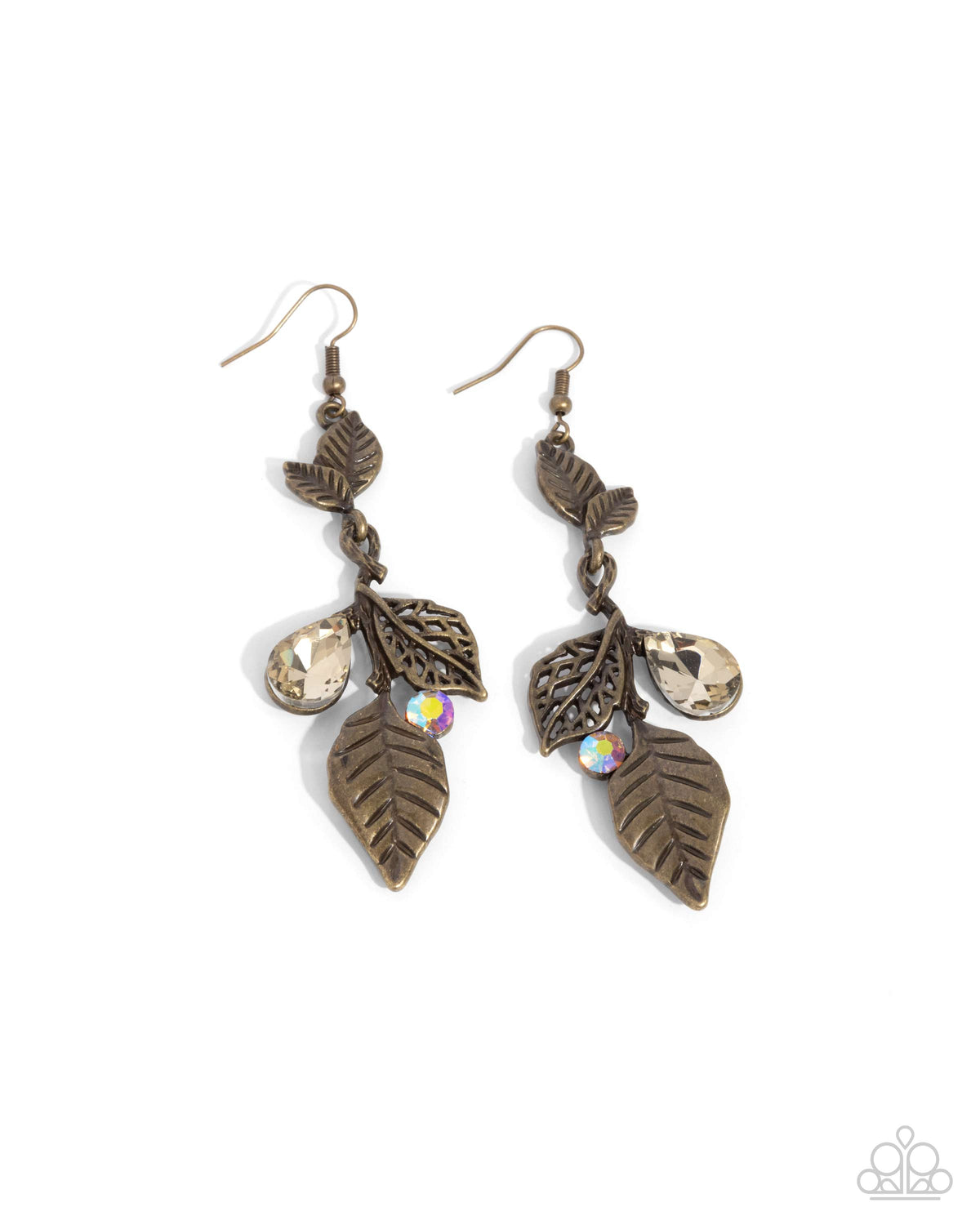 Descending Dazzle Brass Leaf Earrings - Paparazzi Accessories- lightbox - CarasShop.com - Paparazzi Jewelry by Cara Jewels