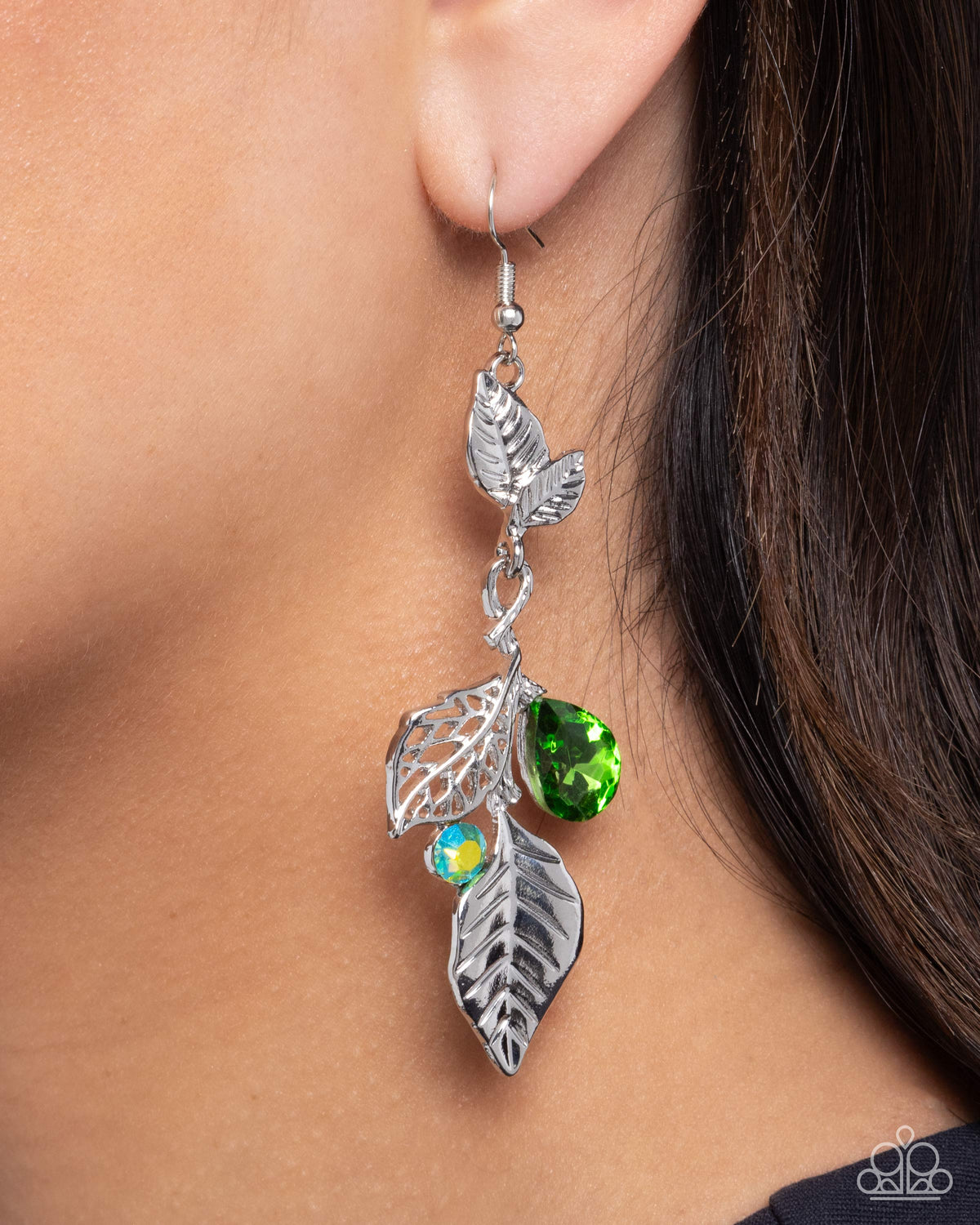 Descending Dazzle Green Earrings - Paparazzi Accessories- on model - CarasShop.com - Paparazzi Jewelry by Cara Jewels