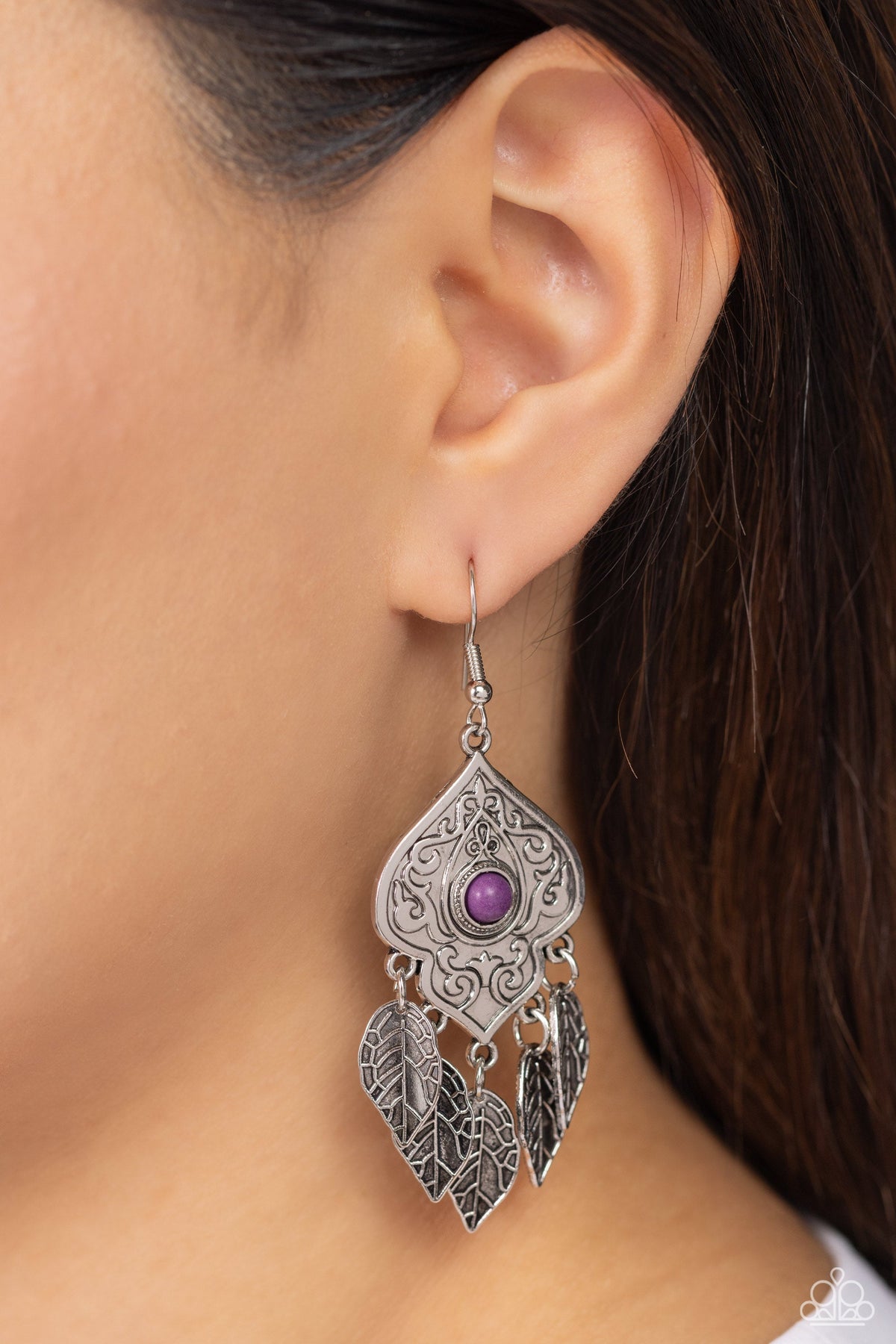 Desert Canopy Purple Earrings - Paparazzi Accessories- on model - CarasShop.com - Paparazzi Jewelry by Cara Jewels