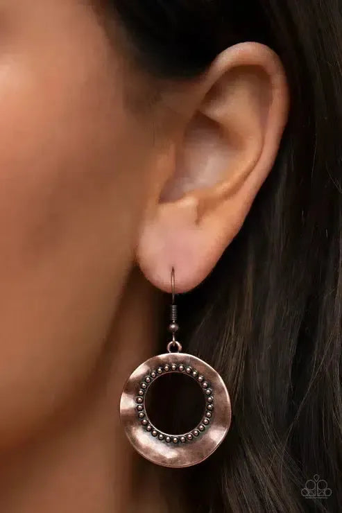 Desert Diversity Copper Earrings - Paparazzi Accessories- on model - CarasShop.com - Paparazzi Jewelry by Cara Jewels