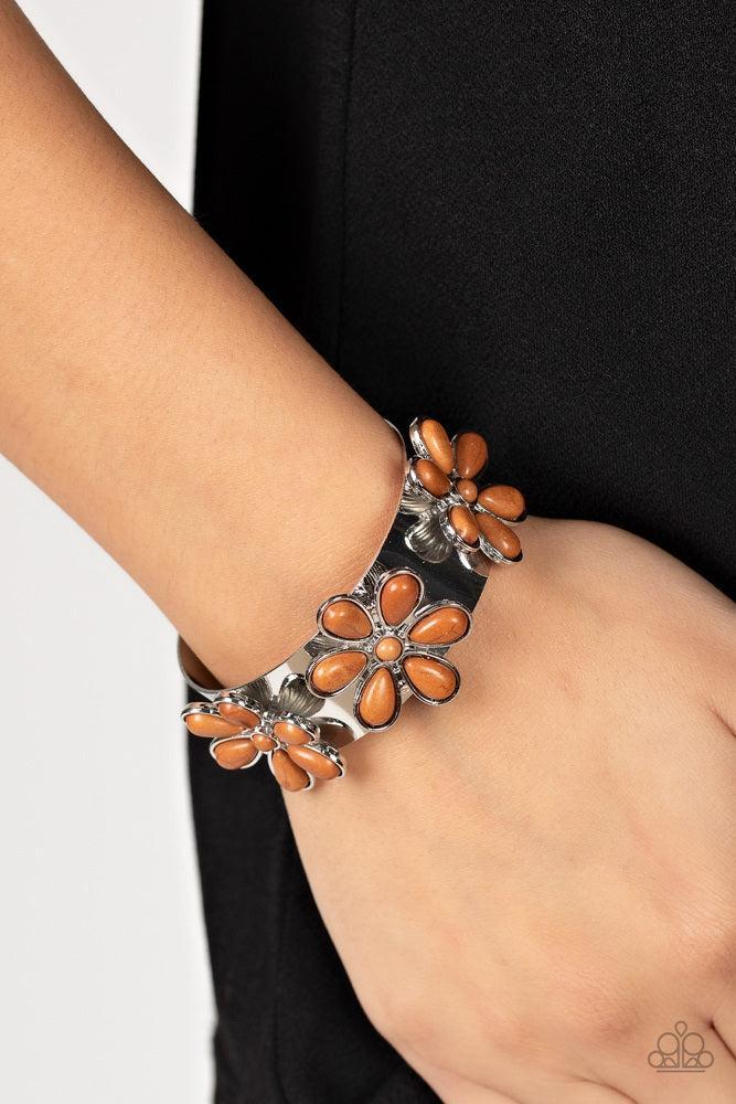 Desert Flower Patch Brown Bracelet - Paparazzi Accessories- on model - CarasShop.com - Paparazzi Jewelry by Cara Jewels
