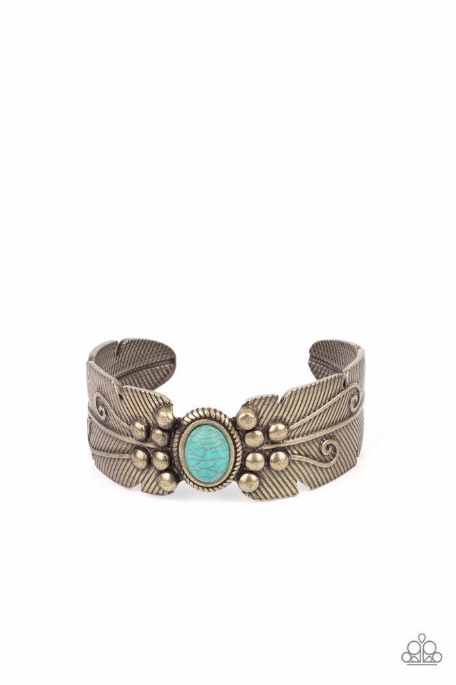Desert Haven Brass & Turquoise Blue Cuff Bracelet - Paparazzi Accessories- lightbox - CarasShop.com - Paparazzi Jewelry by Cara Jewels