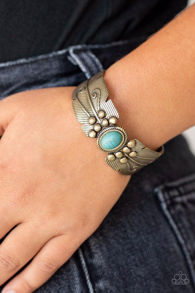 Desert Haven Brass & Turquoise Blue Cuff Bracelet - Paparazzi Accessories- on model - CarasShop.com - Paparazzi Jewelry by Cara Jewels