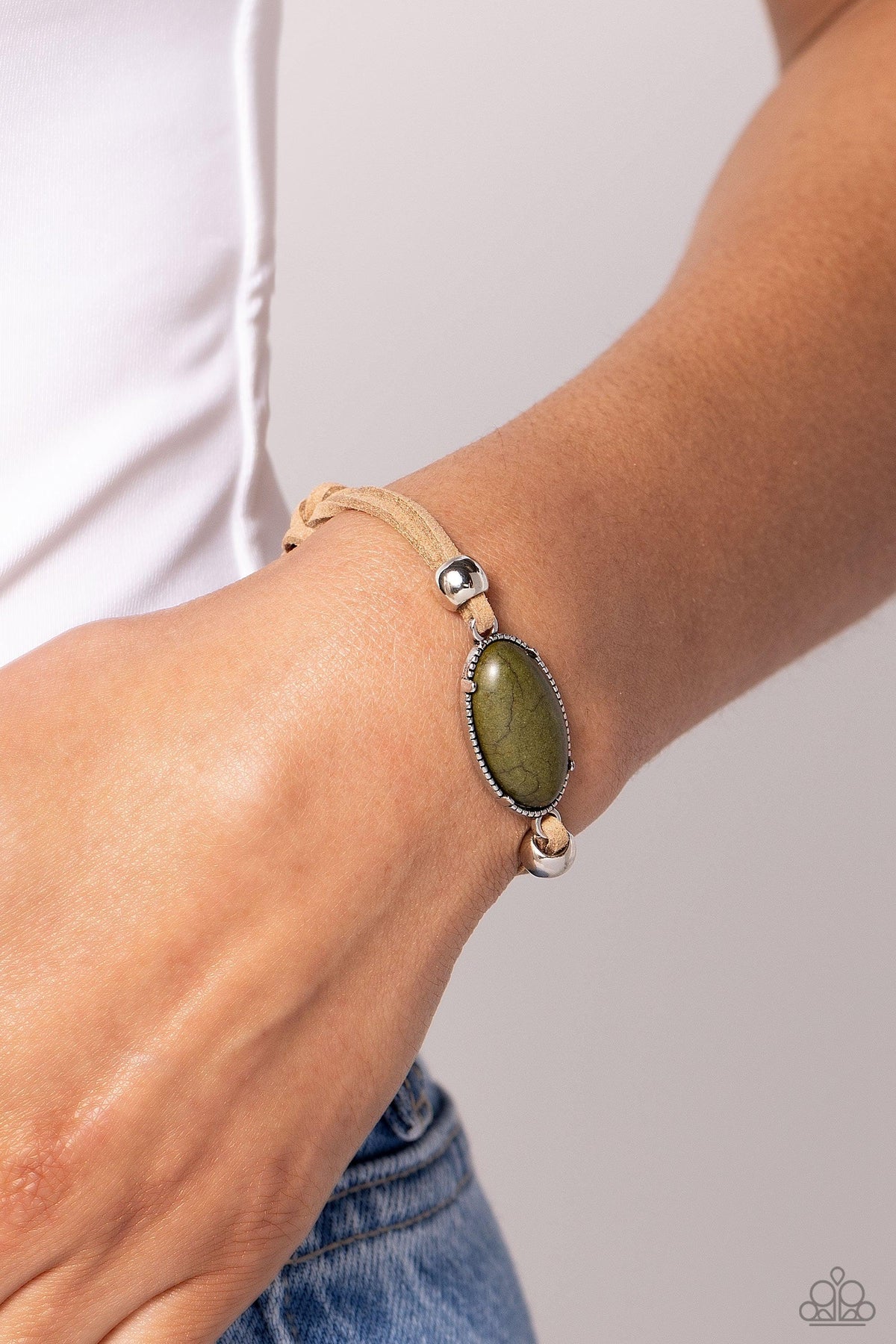 Desertscape Drive Green Stone & Suede Urban Bracelet - Paparazzi Accessories- on model - CarasShop.com - Paparazzi Jewelry by Cara Jewels