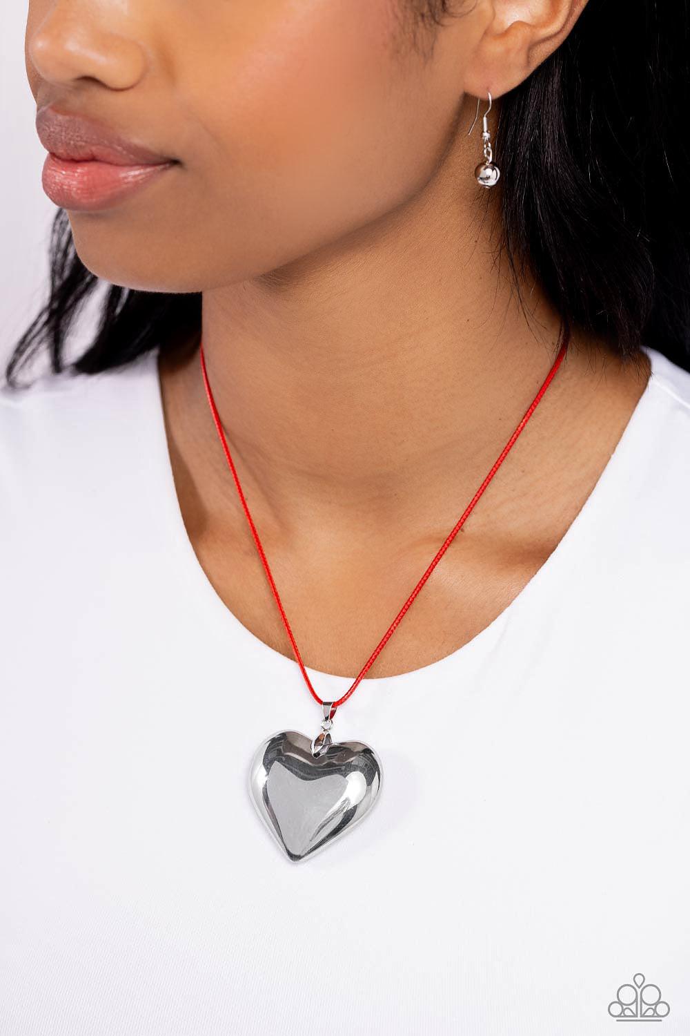 Devoted Daze Red & Silver Heart Necklace - Paparazzi Accessories- lightbox - CarasShop.com - Paparazzi Jewelry by Cara Jewels