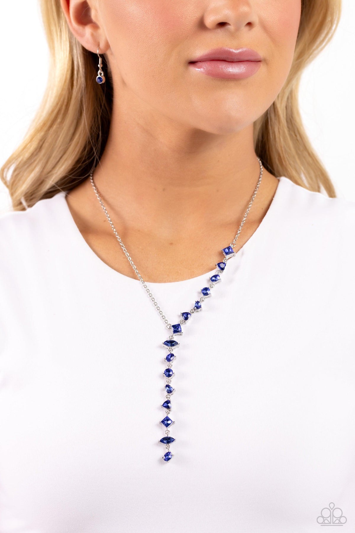 Diagonal Daydream Blue Rhinestone Necklace - Paparazzi Accessories- on model - CarasShop.com - Paparazzi Jewelry by Cara Jewels
